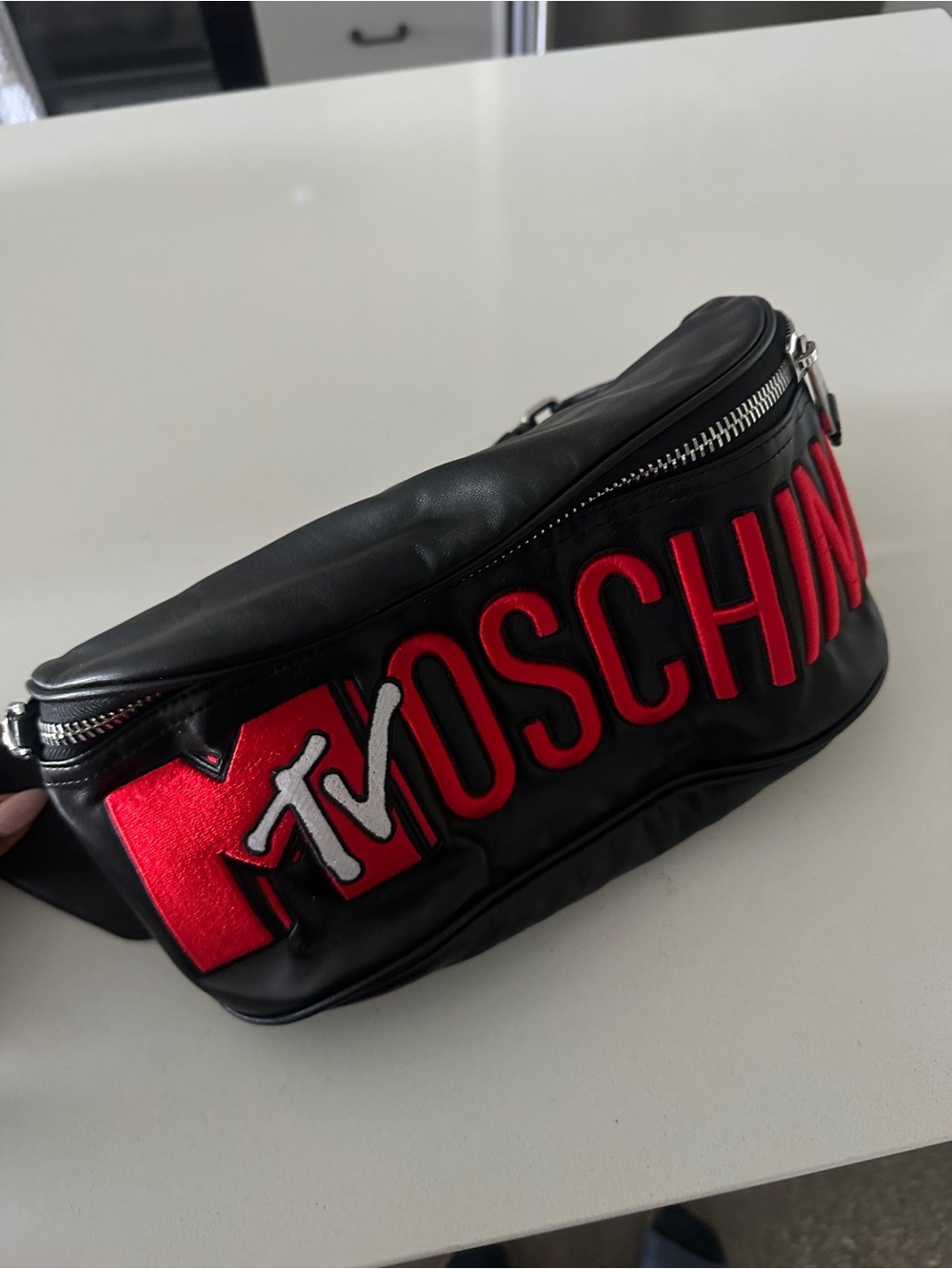Moschino Black Leather Belt Bag with Red Logo Patch